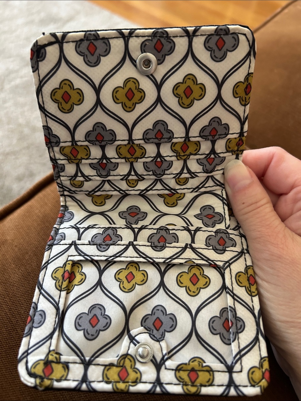 Vera Bradley White Floral Geometric Snap Wallet with Mustard & Gray Accents